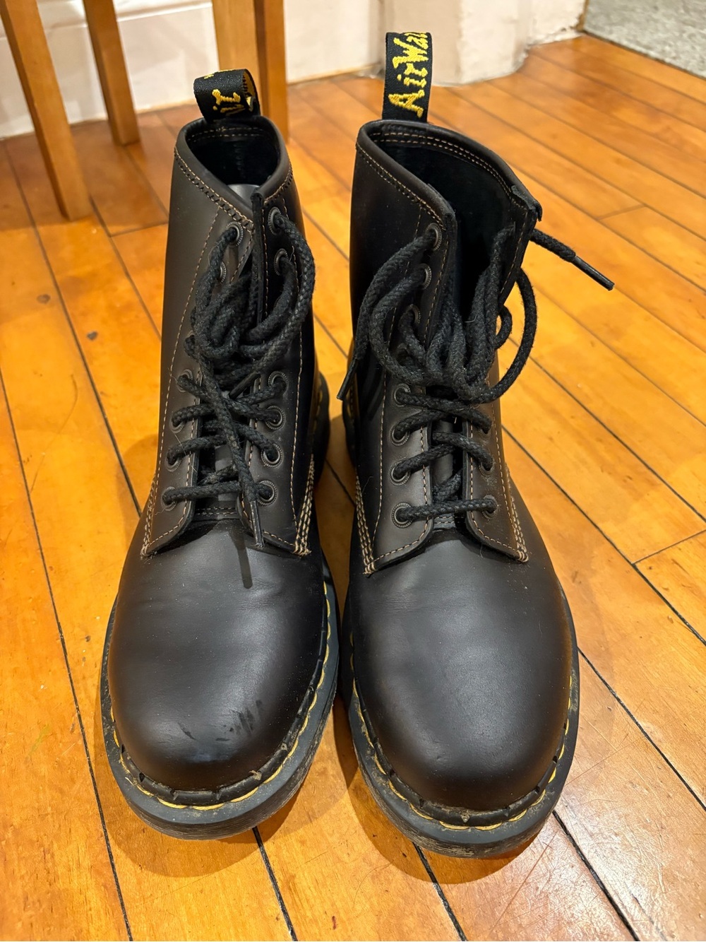 Dr. Martens Black Leather Lace-Up Men's Boots with Yellow Stitching